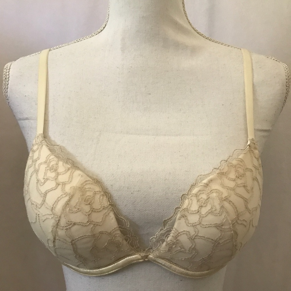 Vassarette White with Gold Floral Push Up Bra